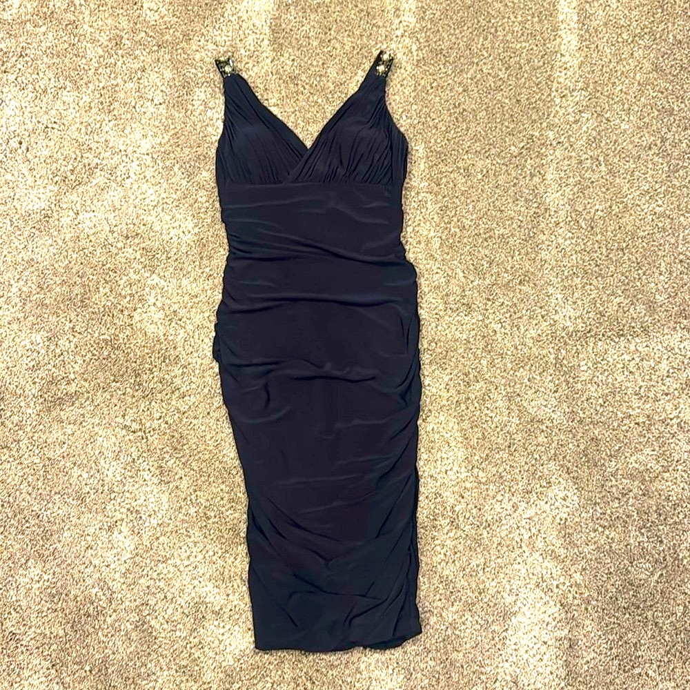 Eliza J navy above knee Dress V-Neck Sleeveless blinged straps